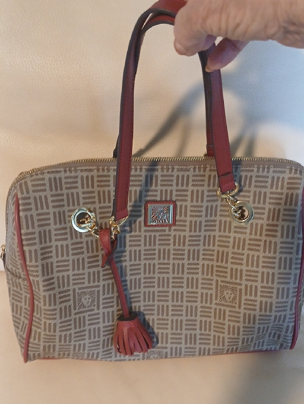 Anne Klein Beige Logo Satchel with Red Trim and Tassel NWOT